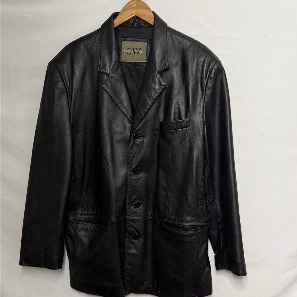 South Wind Men’s 100% leather button down vintage jacket w/ pockets sz Lg